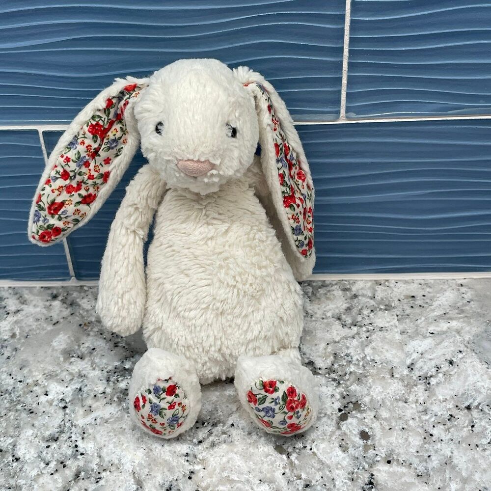 Jellycat White Cream Cherry Red Blossom Bunny Plush Stuffed Animal Floral Ears